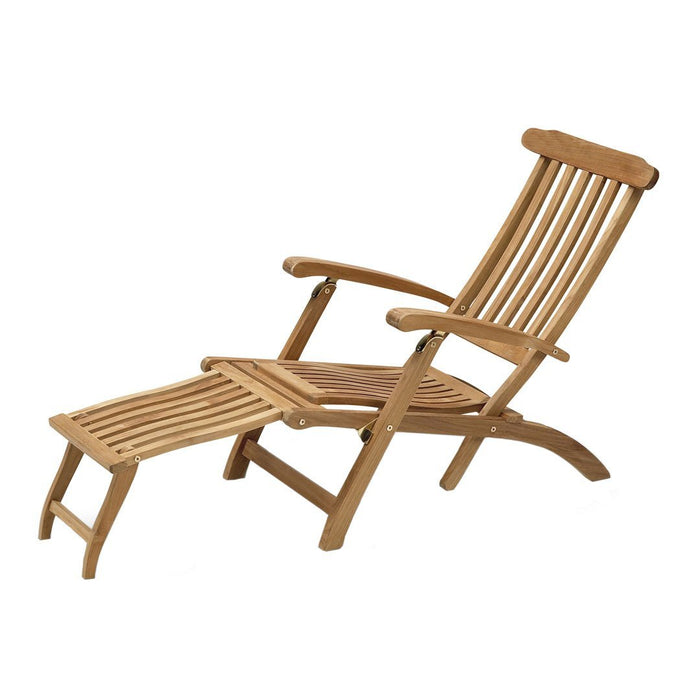 Natural wood folding lounge chair with a slatted design and a matching footrest in a warm honey tone.