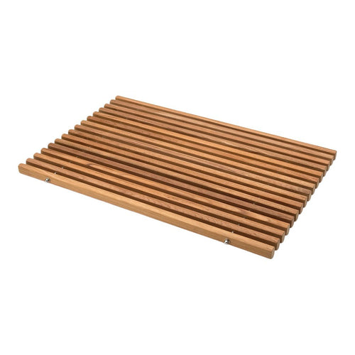 Natural bamboo slat mat with a warm brown color and a sleek, linear pattern. Ideal for modern decor.