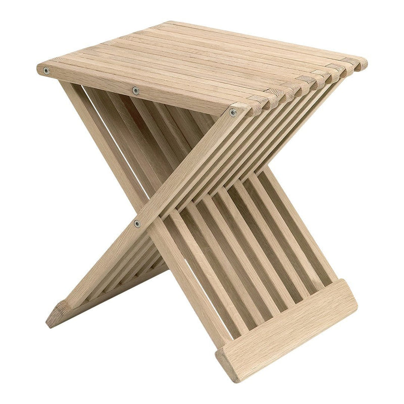 Natural wood color with a slatted pattern, featuring a modern, minimalist design and sturdy crossed legs.