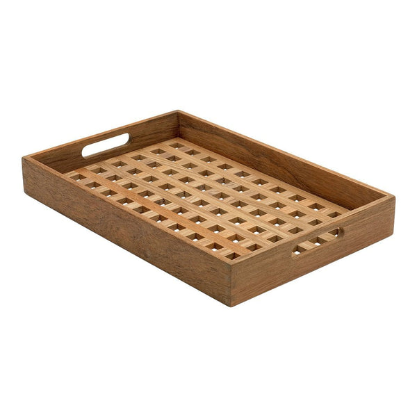 Wooden tray with an intricate lattice pattern and natural brown finish, featuring cut-out handles for easy carrying.