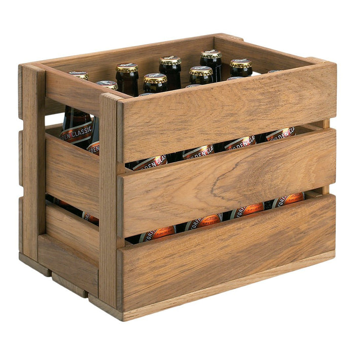Wooden crate with a rich brown finish and slatted design, holding several dark-colored bottles.