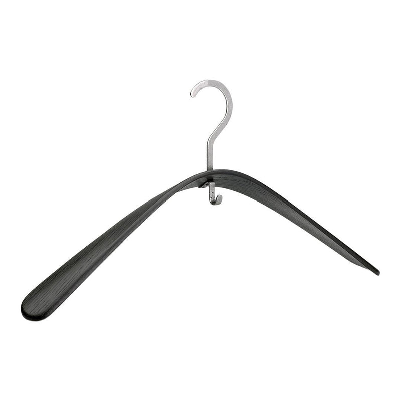 Black curved hanger with a shiny silver hook, featuring a sleek, modern design.