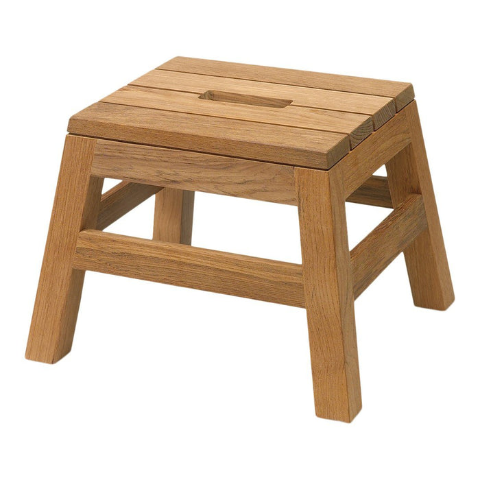 Natural wood finish stool with a slatted top and sturdy legs, showcasing a simple and modern design.