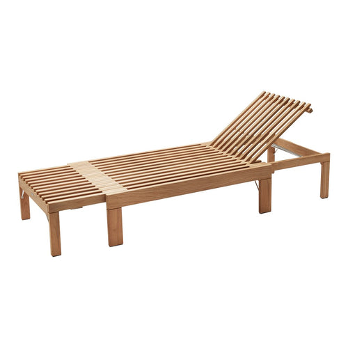Natural wooden lounge chair with a slatted design in light brown tones, perfect for outdoor relaxation.