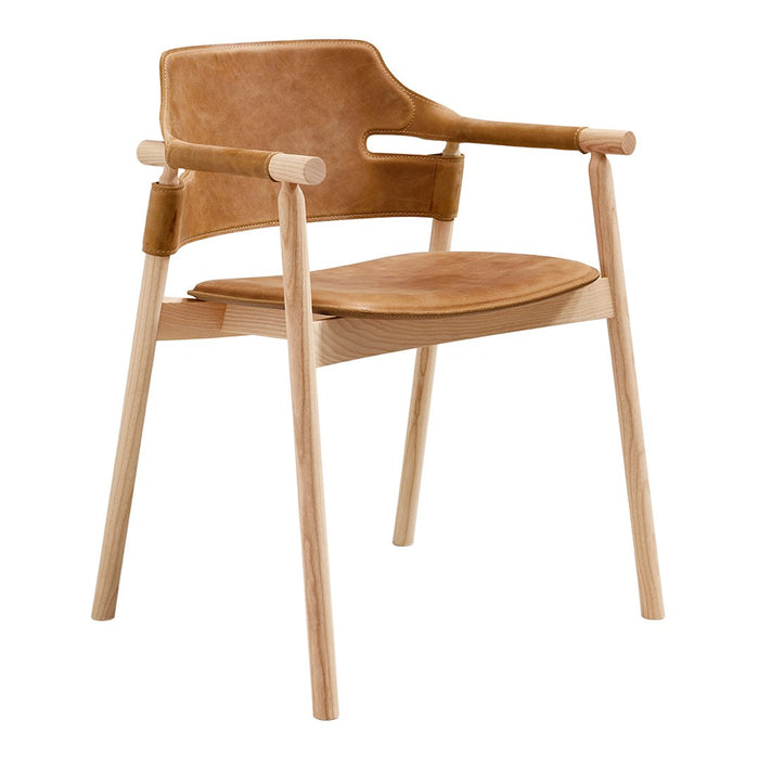 Natural wood chair with tan leather upholstery and minimalist design. Perfect blend of modern style and comfort.