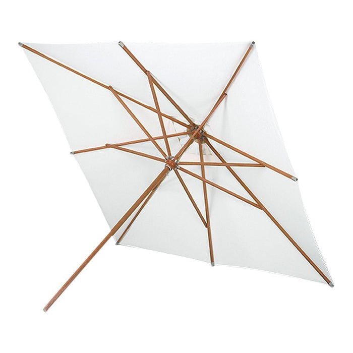White outdoor umbrella with a minimalist design and brown wooden framework. Ideal for patio decor.