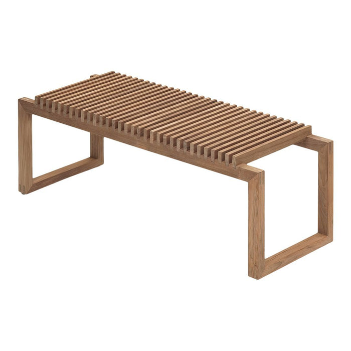 Natural wooden bench with a slatted design and minimalist, light brown finish. Ideal for modern decor.