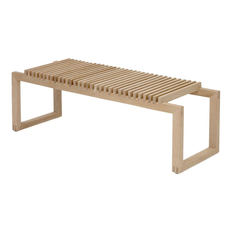 Light wood slat bench with a minimalist design and natural finish, featuring horizontal patterns and clean lines.
