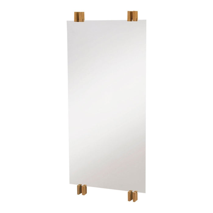 Modern vertical mirror with sleek white surface and natural wood accents, perfect for a minimalist decor.