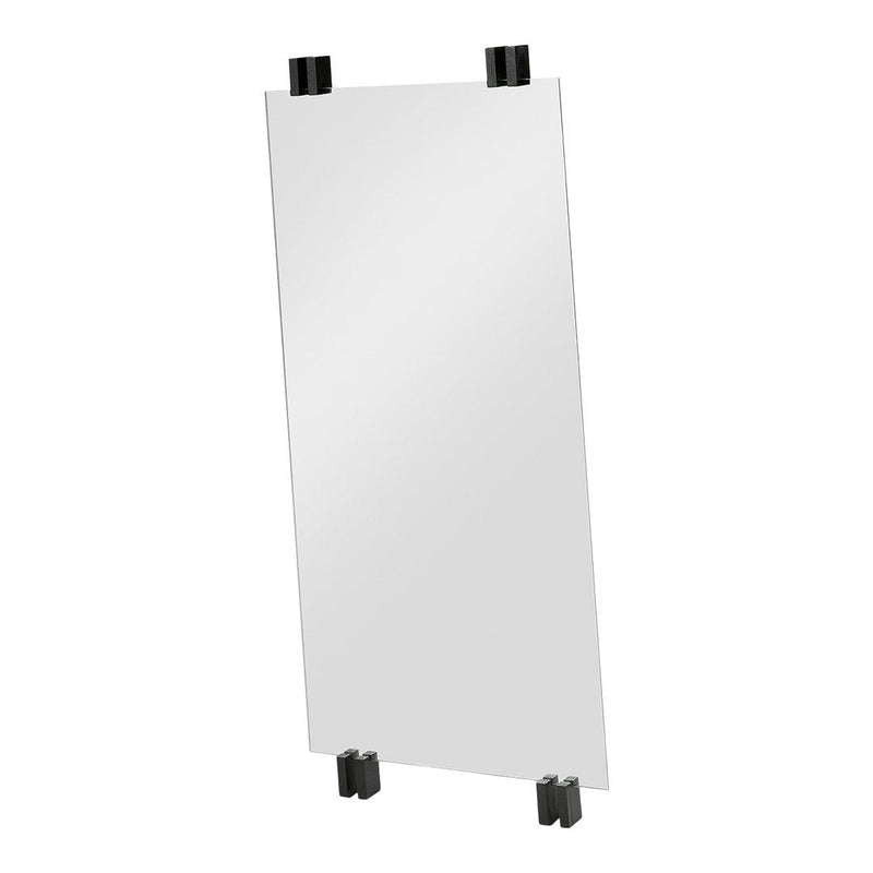 Sleek rectangular mirror with a clear reflective surface and contrasting black mounting brackets.
