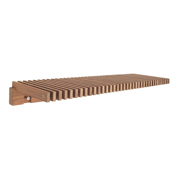 Teak wood shelf with a smooth, natural finish and horizontal slatted pattern for a minimalist look.