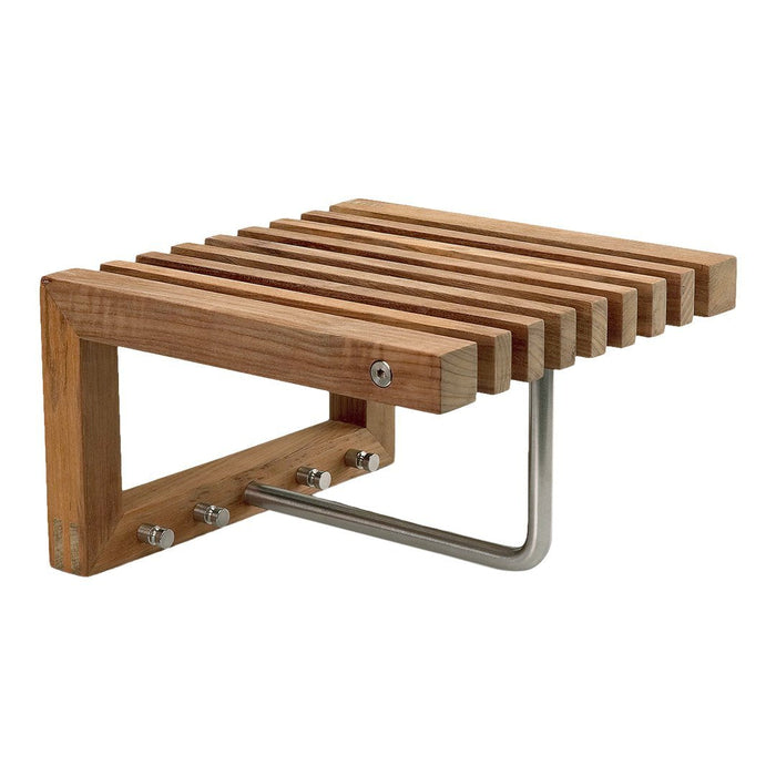 "Natural wood shelf with a slatted design and metallic support, showcasing warm wood tones and clean lines."