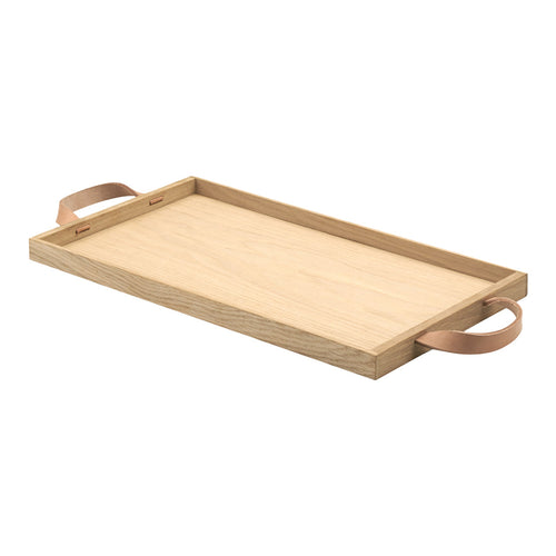 Natural wood tray with light oak finish and stylish leather handles, perfect for serving or decor.