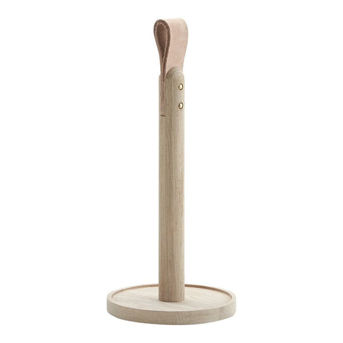 Natural wood paper towel holder with a minimalist design, featuring a light wood base and a soft tan leather strap.
