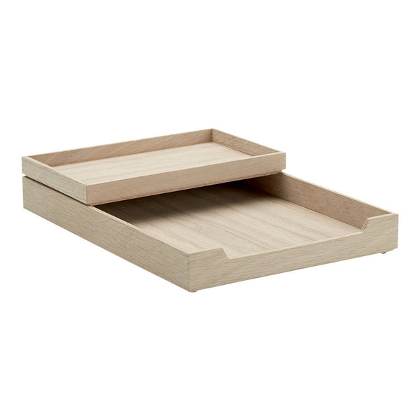 Natural wood tray set with light beige tones and smooth, clean lines. Perfect for stylish organization.