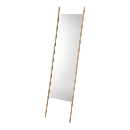 Tall, wooden mirror with a natural finish and a sleek, minimalist design. Perfect for modern home decor.