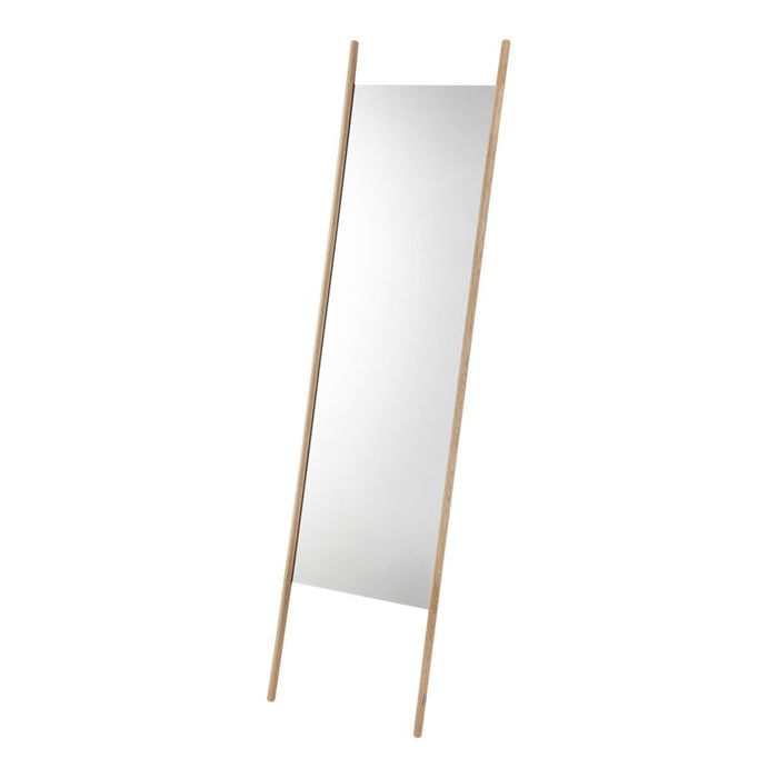 Tall, wooden mirror with a natural finish and a sleek, minimalist design. Perfect for modern home decor.