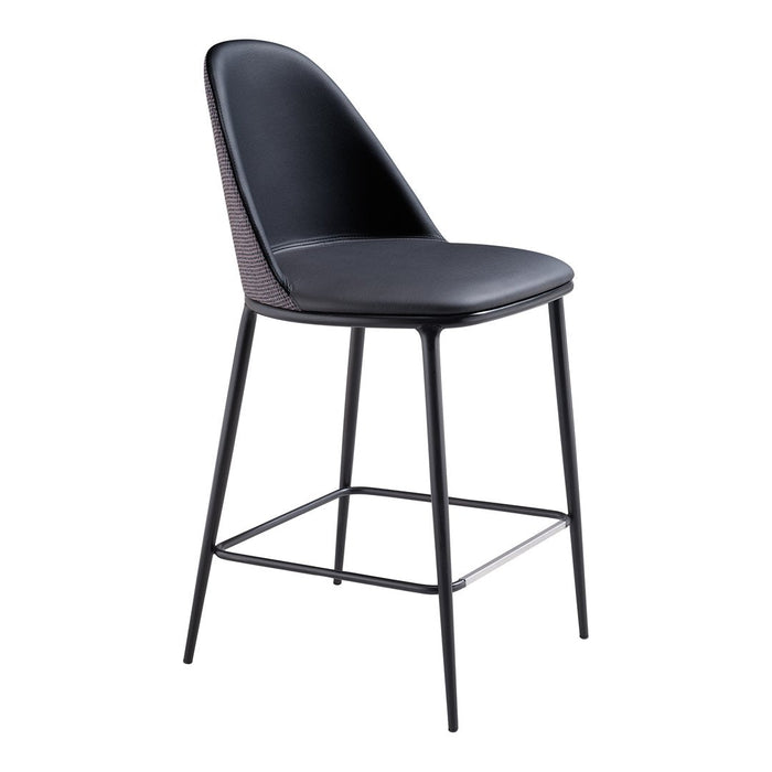 Black upholstered bar stool with a sleek design and contrasting black metal legs. Ideal for modern interiors.