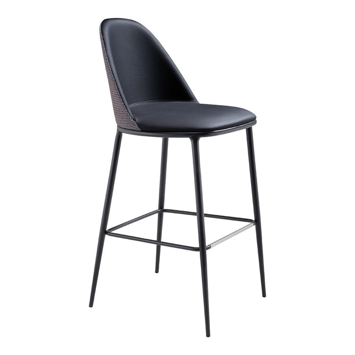 Black upholstered bar stool with sleek metal legs and a modern minimalist design. Perfect for contemporary spaces.