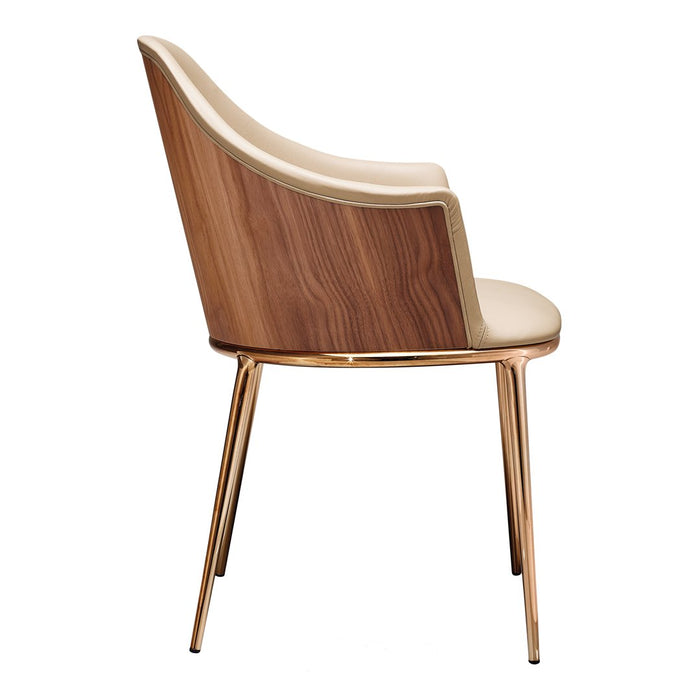 Elegant chair featuring a walnut wood back and cream upholstery, complemented by gold-toned legs.