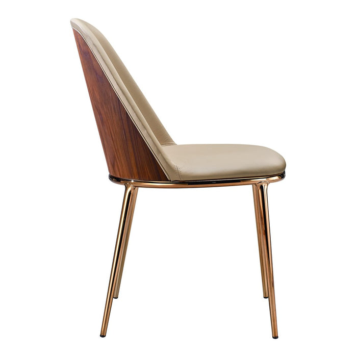 Beige upholstered chair with a walnut back and sleek gold legs, showcasing a modern design and elegant color contrast.