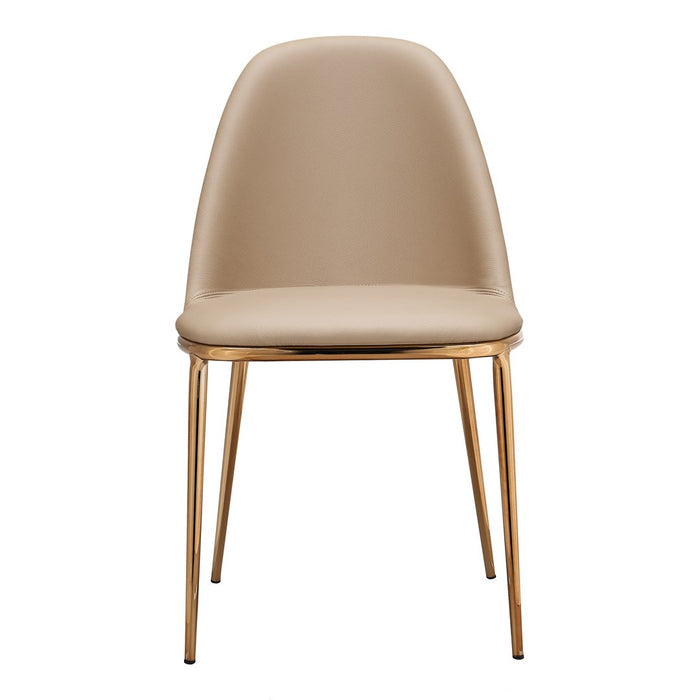 Beige upholstered chair with smooth, curved design and sleek gold legs. Perfect for modern decor.