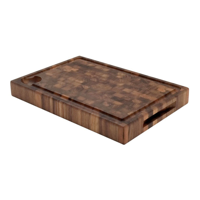 "Brown wooden cutting board with a checkerboard pattern and smooth finish."