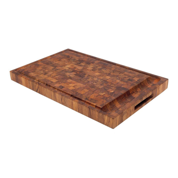Wooden cutting board with rich brown tones and a checkerboard pattern. Ideal for kitchen use.