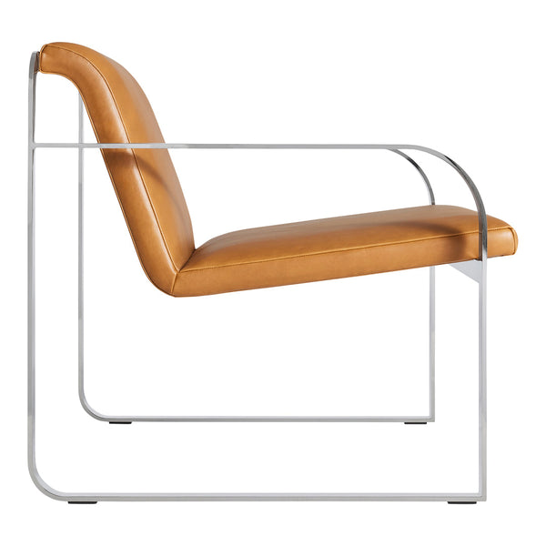 Minimalist design featuring a tan leather seat with a sleek chrome frame. Perfect for modern interiors.
