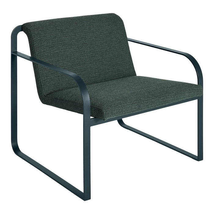 "Stylish dark green upholstered chair with minimalist black metal frame, perfect for modern interiors."