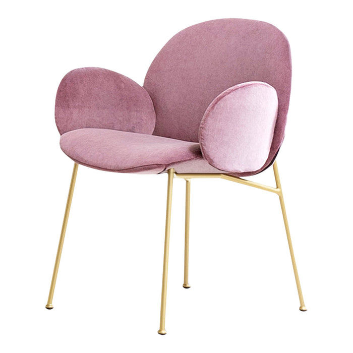 Pink velvet chair with gold metal legs, featuring a smooth, rounded design and plush cushions. Ideal for modern decor.