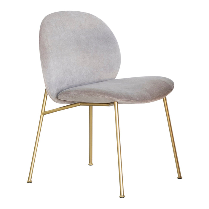 Light gray velvet chair with smooth curves and gold metal legs, adding a modern touch to any space.
