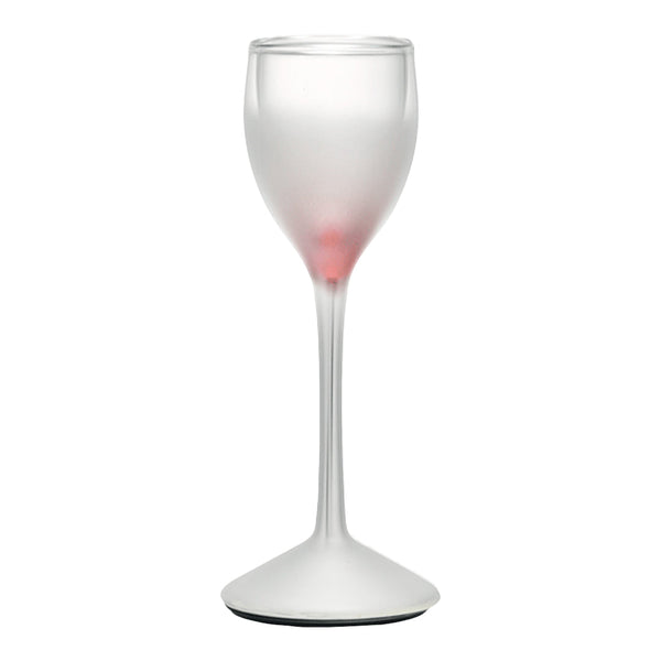 Frosted clear wine glass with a subtle red base, elegantly contoured and modern design. Perfect for any occasion.