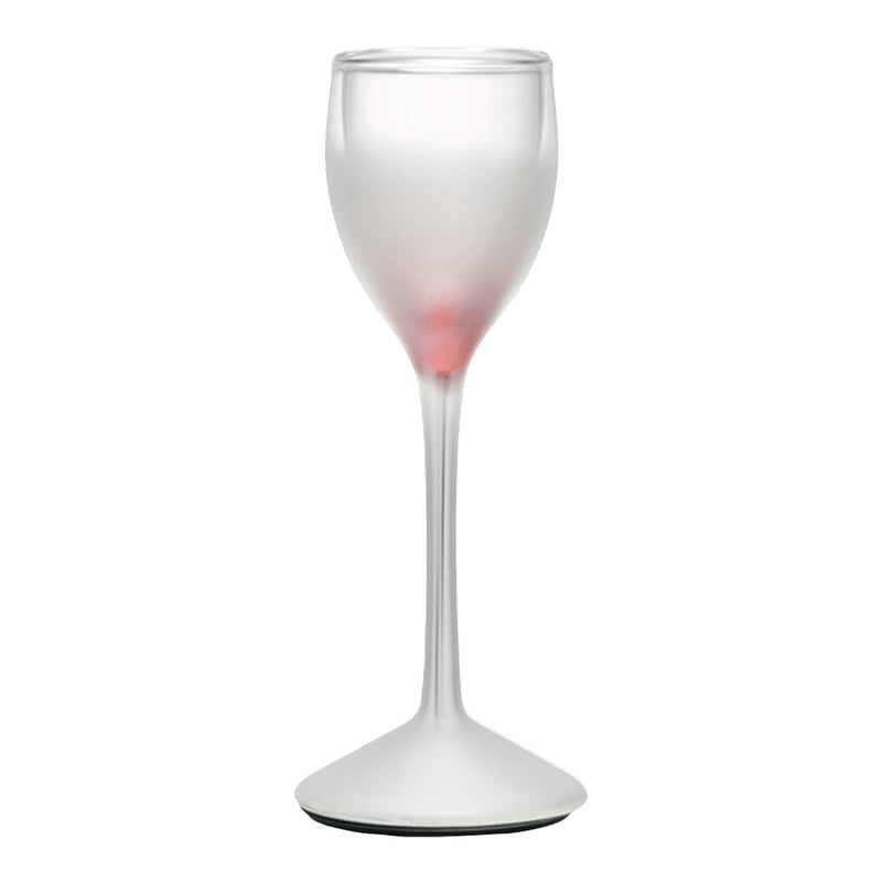 Frosted clear wine glass with a subtle red base, elegantly contoured and modern design. Perfect for any occasion.
