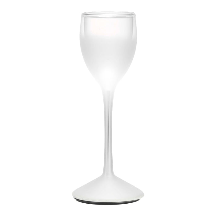 "Transparent frosted glass wine glass with a sleek, modern design and a minimalist black base."