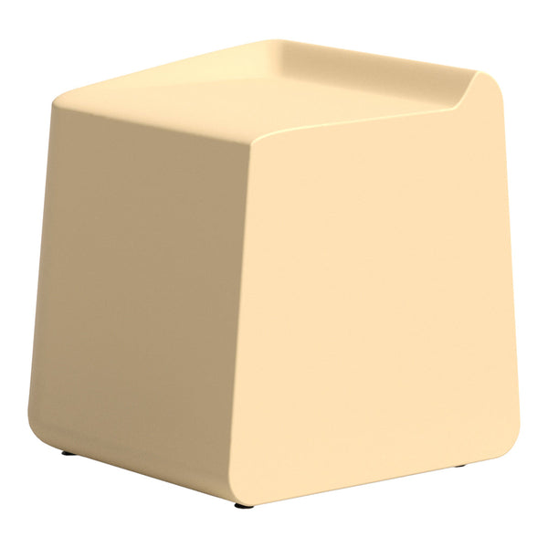 Beige minimalist cube stool with smooth edges and a sleek finish, perfect for modern decor.