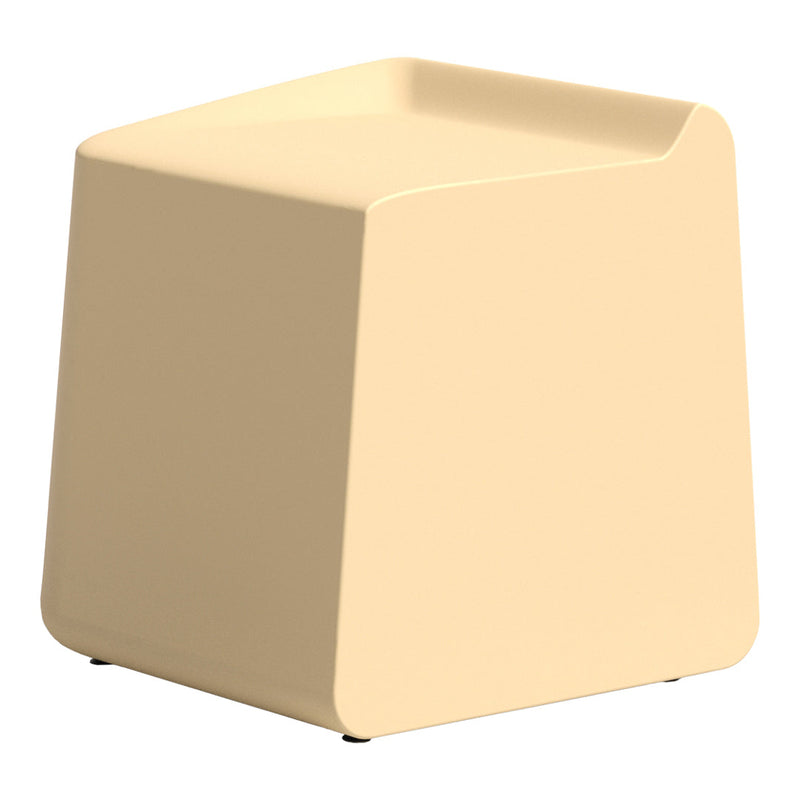 Beige minimalist cube stool with smooth edges and a sleek finish, perfect for modern decor.