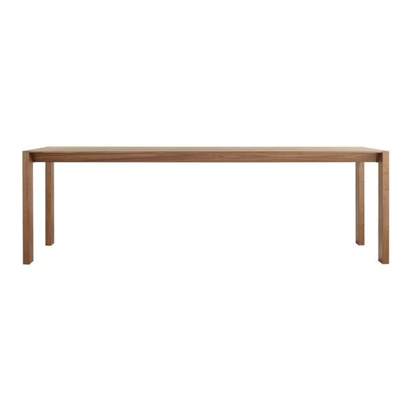 Natural wood dining table with a warm brown finish and sleek, minimalist design. No visible patterns.