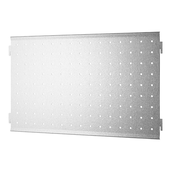 Silver perforated panel with evenly spaced holes, ideal for organization and display.