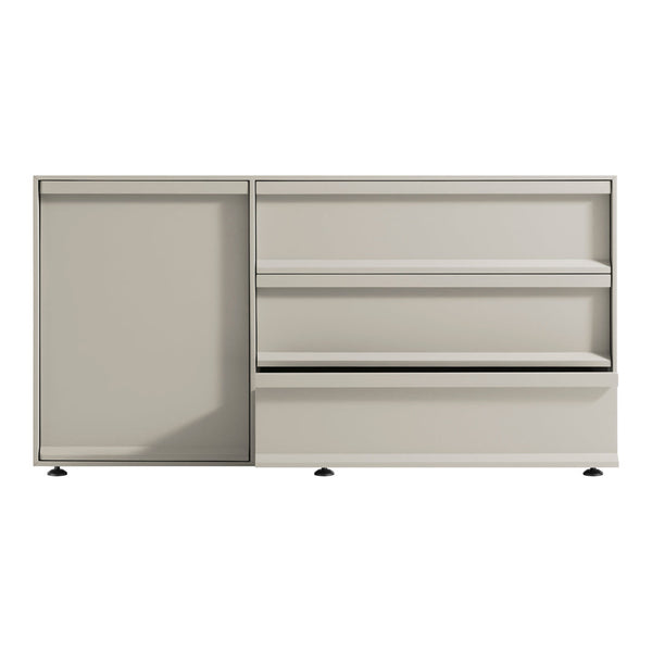 Modern beige cabinet with sleek lines, featuring two open shelves and a sliding door, perfect for minimalist spaces.