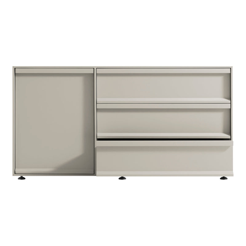 Modern beige cabinet with sleek lines, featuring two open shelves and a sliding door, perfect for minimalist spaces.
