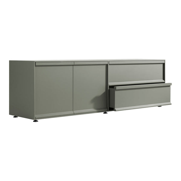 Sleek gray storage cabinet with smooth finish and clean lines, featuring multiple sliding doors and drawers.
