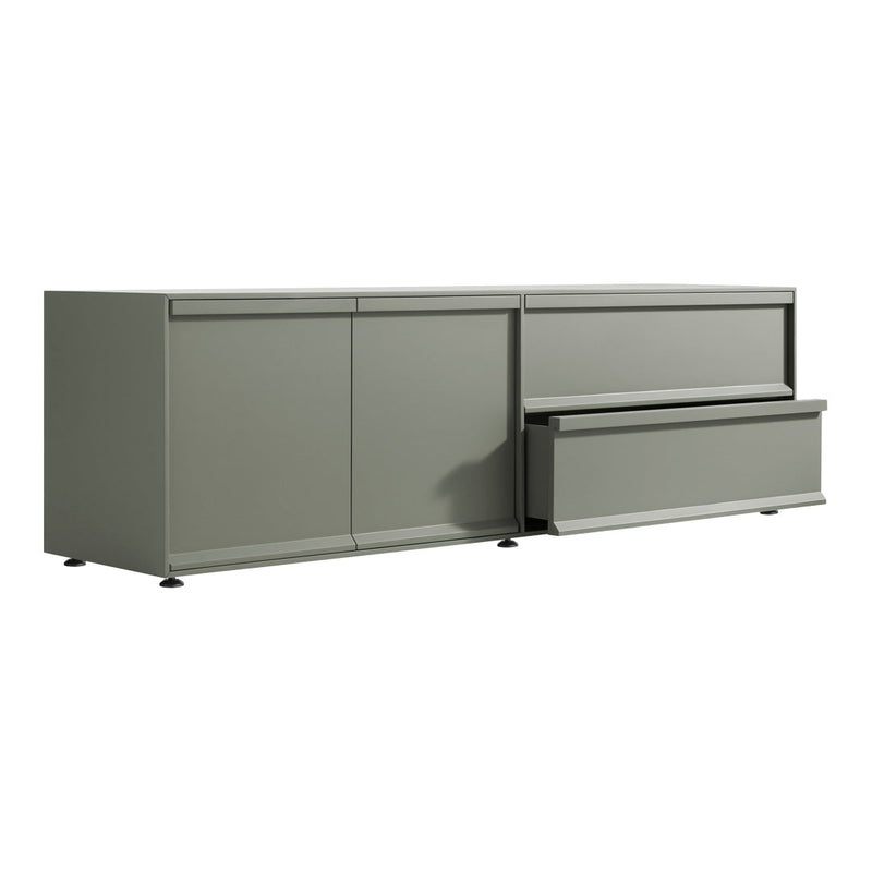 Sleek gray storage cabinet with smooth finish and clean lines, featuring multiple sliding doors and drawers.