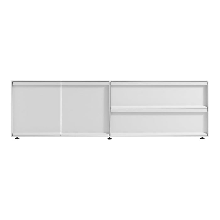 Sleek white storage cabinet with minimalist design and smooth surfaces, perfect for modern spaces.
