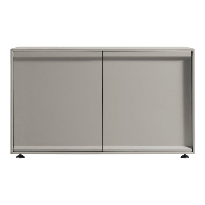 Gray modern sideboard cabinet with a minimalist design and smooth finish, featuring clean lines and no visible patterns.
