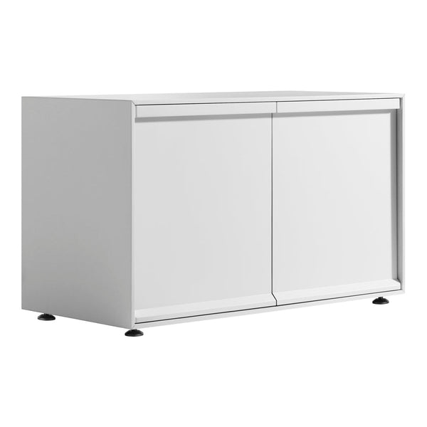 Sleek white cabinet with smooth sliding doors, featuring a minimalist design and sleek finish.