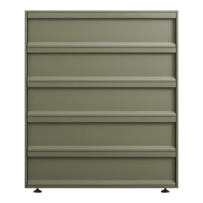 Olive green shelving unit with a sleek, minimalist design and five horizontal shelves for stylish organization.