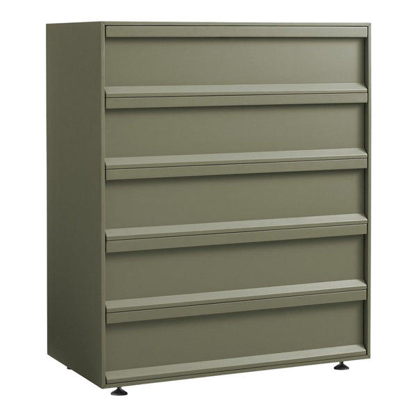 Olive green storage cabinet with horizontal panel design, featuring five spacious shelves and a sleek, modern finish.