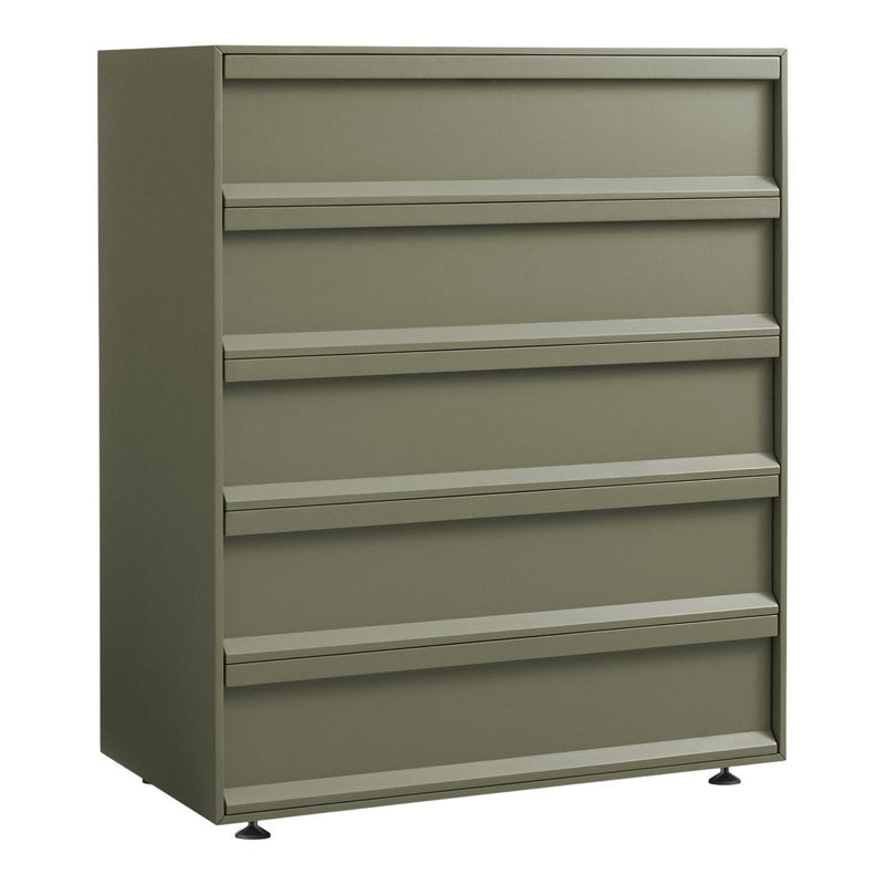 Olive green storage cabinet with horizontal panel design, featuring five spacious shelves and a sleek, modern finish.