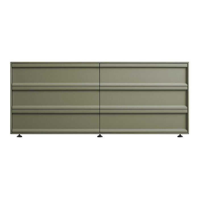 Olive green storage cabinet with smooth, horizontal lines and minimalist design. Perfect for modern interiors.